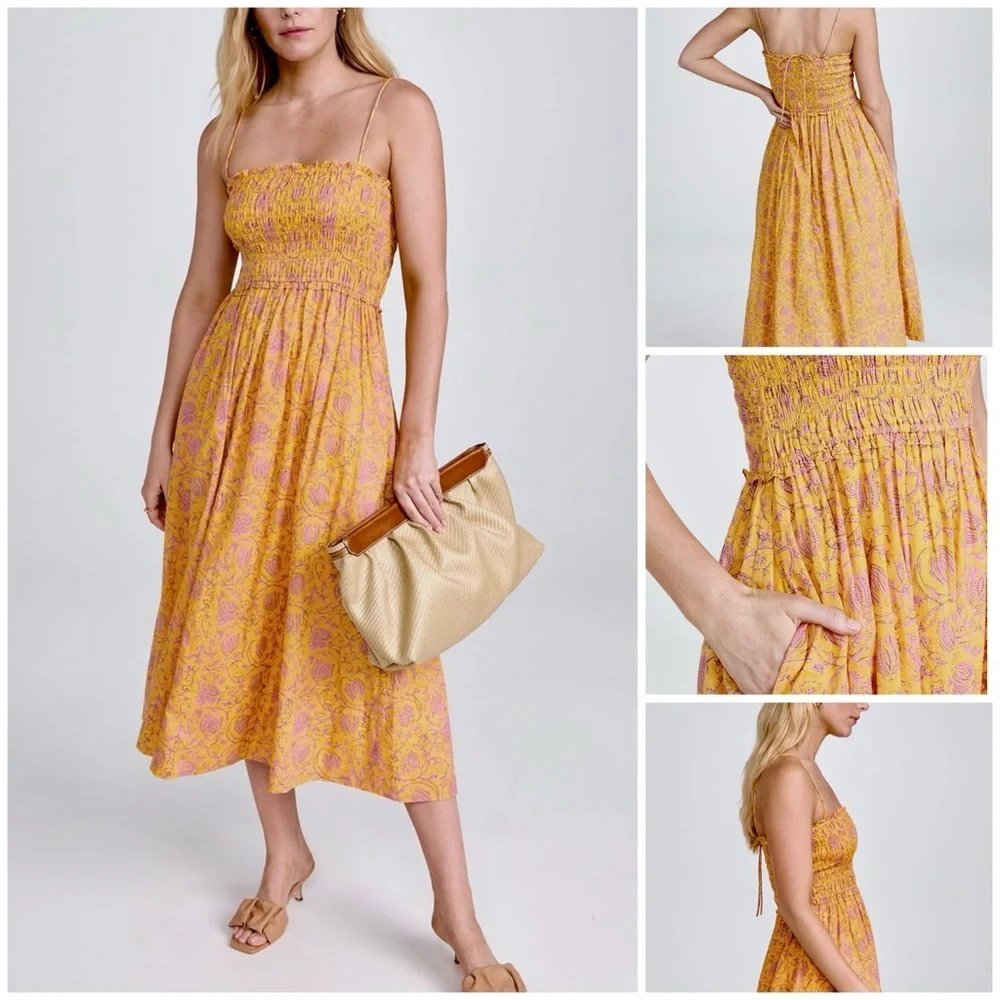 Apiece Apart
Porta Smocked Spaghetti Strap Dress Size Med Sunfaded Floral Yellow - Picture 6 of 7